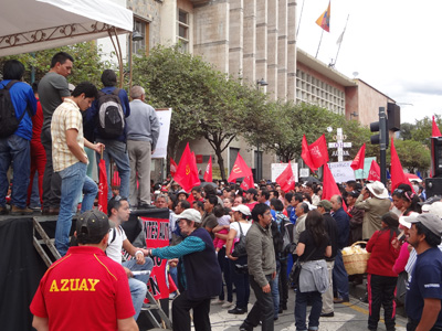 May Day marchers opposed to government policies in Cuenca's Parque. Calderon.