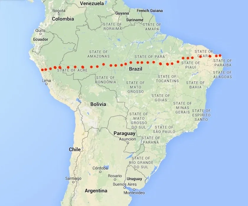 Suggested route for Peru to Brazil rail line.